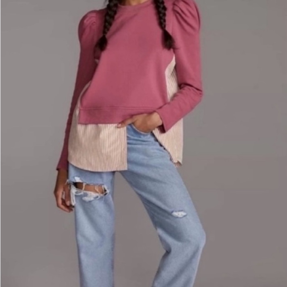 Maeve‎ By Anthropolgie Puff Sleeve Sweatshirt With Striped Shirt Tunic Top Sz S